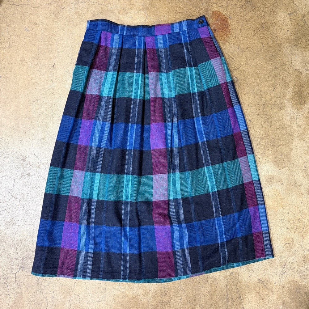 Vintage DVF Plaid Midi Skirt Blue Turquoise Purple Jewel Tone Pleated 16 Large